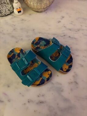 Kids Lily & Dan  Teal Double-Buckle Slide Sandals with Playful Printed Footbed